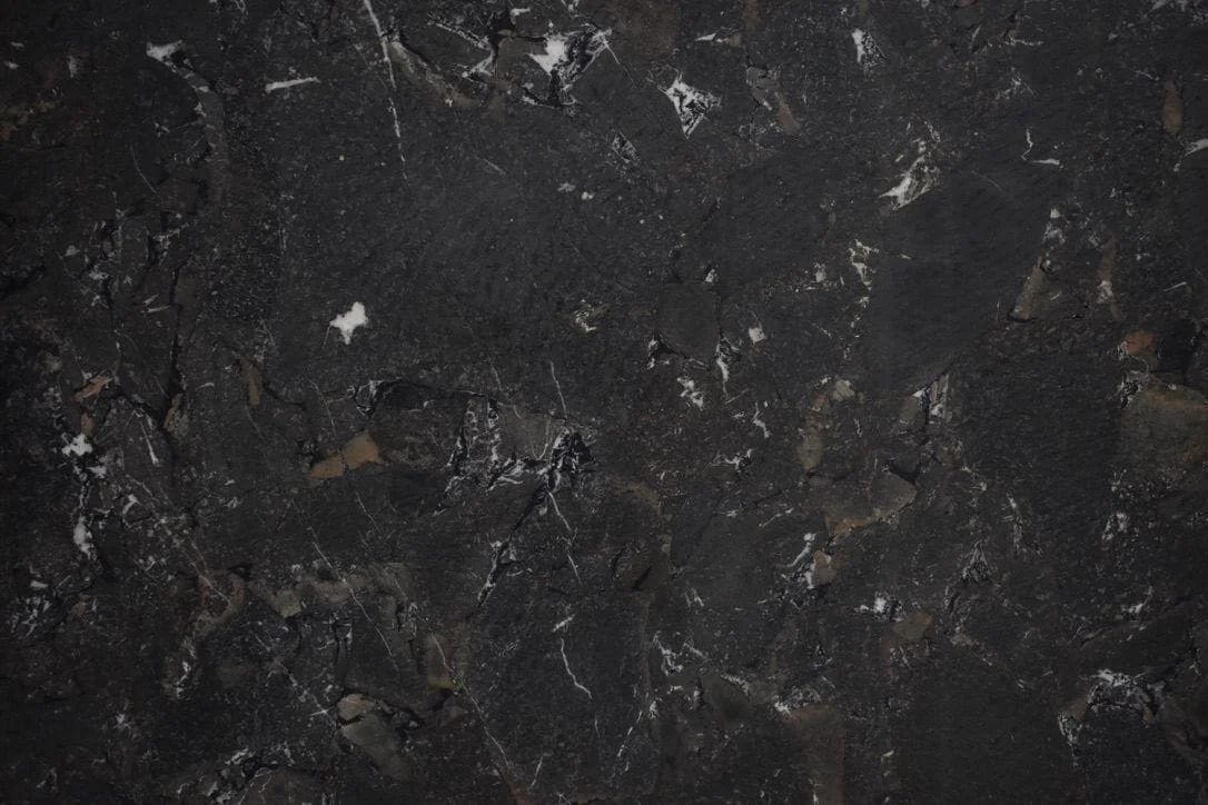 Dark gray stone with white and brown veining.
