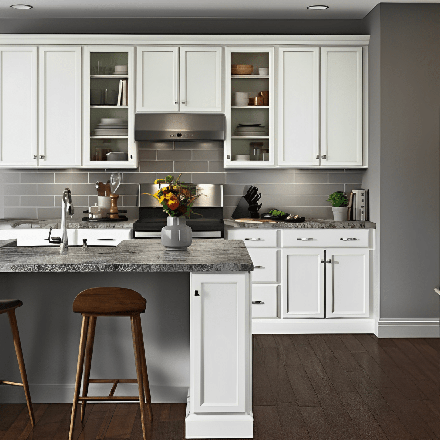 A kitchen with white cabinets and a stove top oven