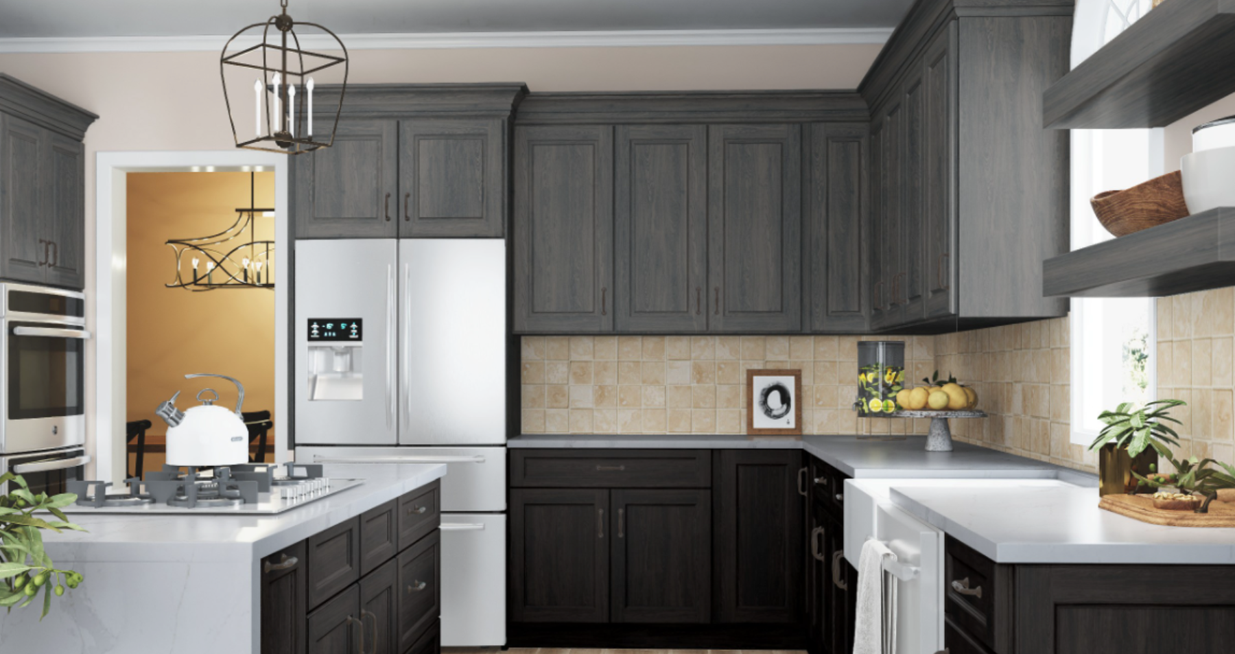 A kitchen with gray cabinets , stainless steel appliances , a refrigerator and a sink.
