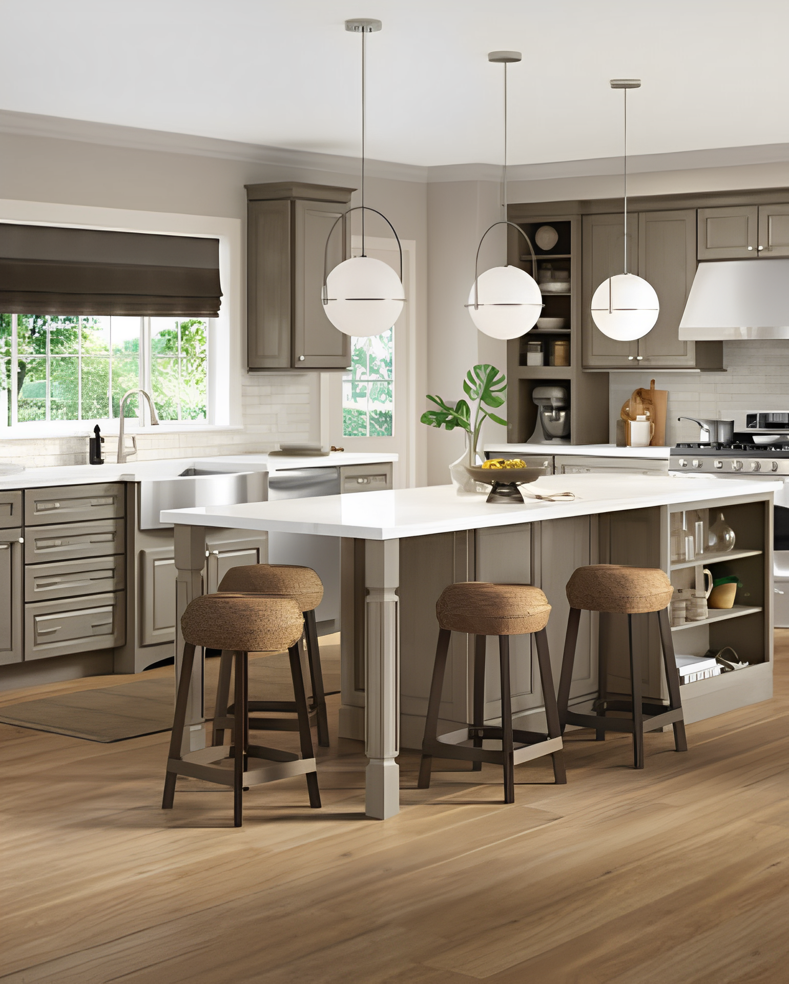 A kitchen with a large island and stools