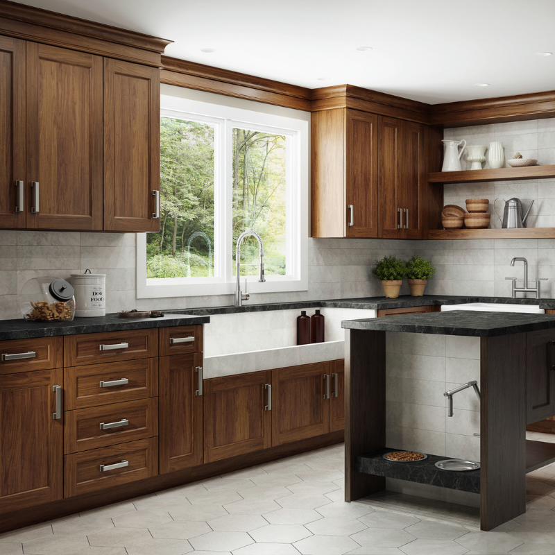 A kitchen with wooden cabinets and a sink