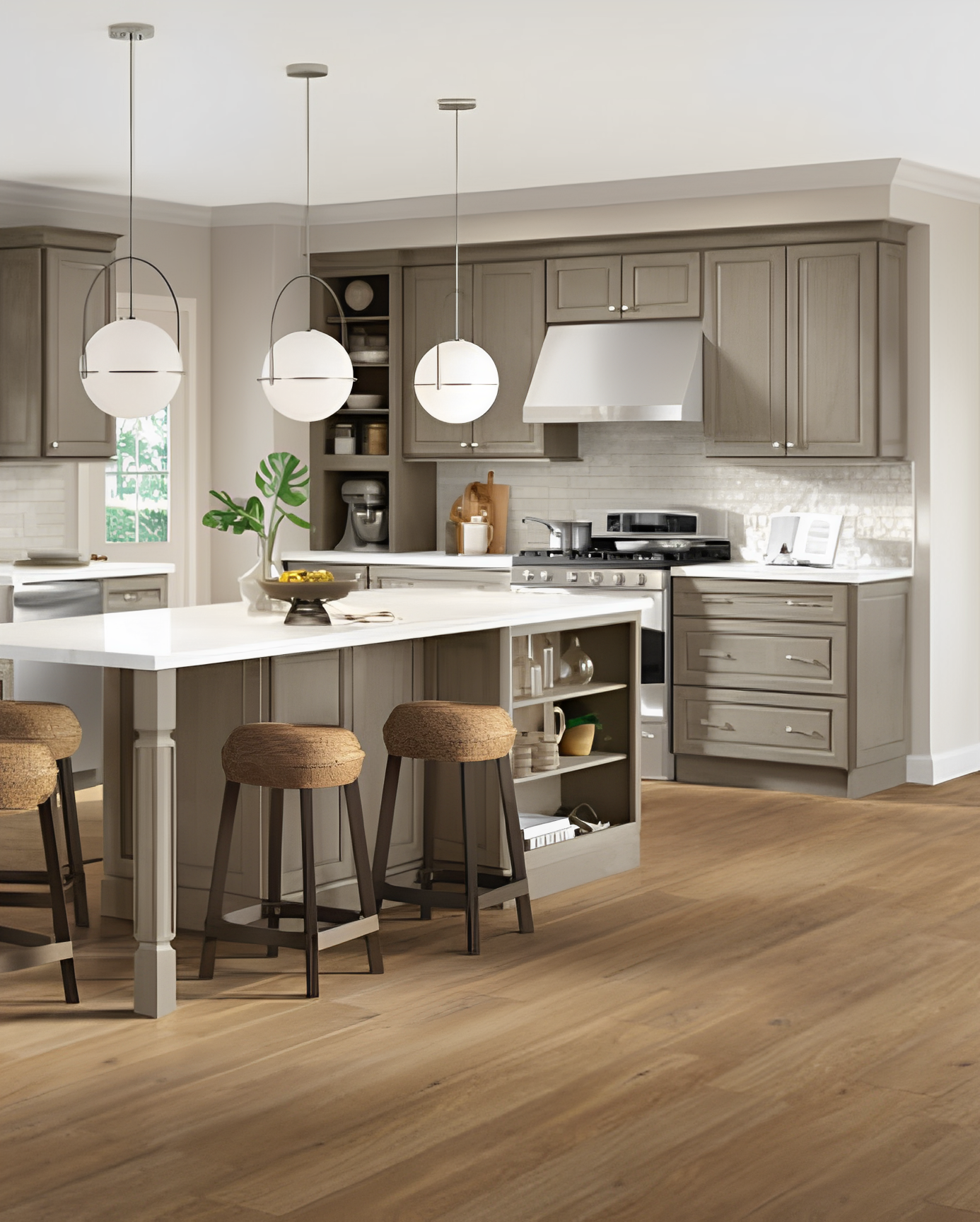 A kitchen with a large island and stools