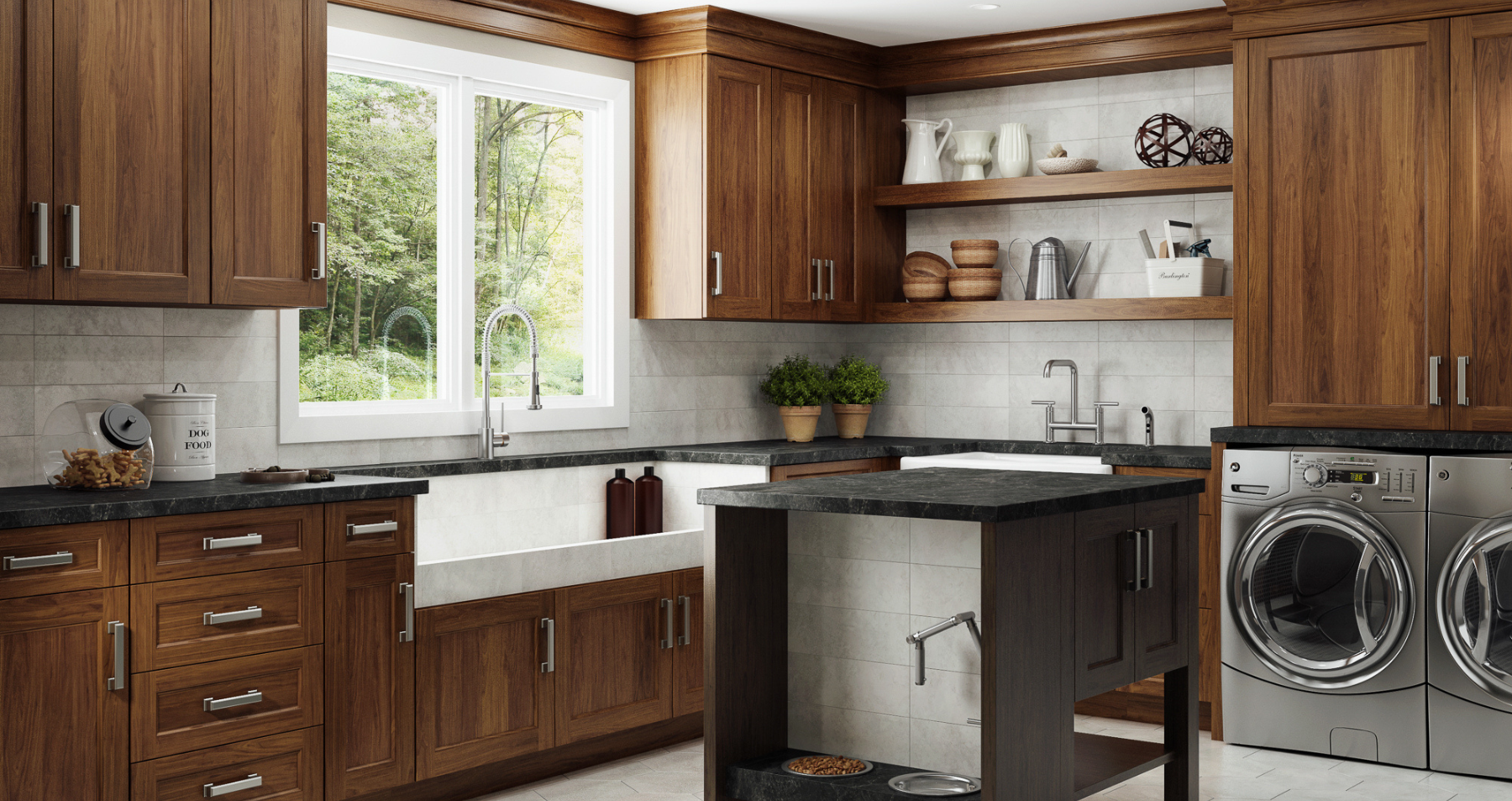 A kitchen with wooden cabinets , a sink , a washer and dryer , and a window.