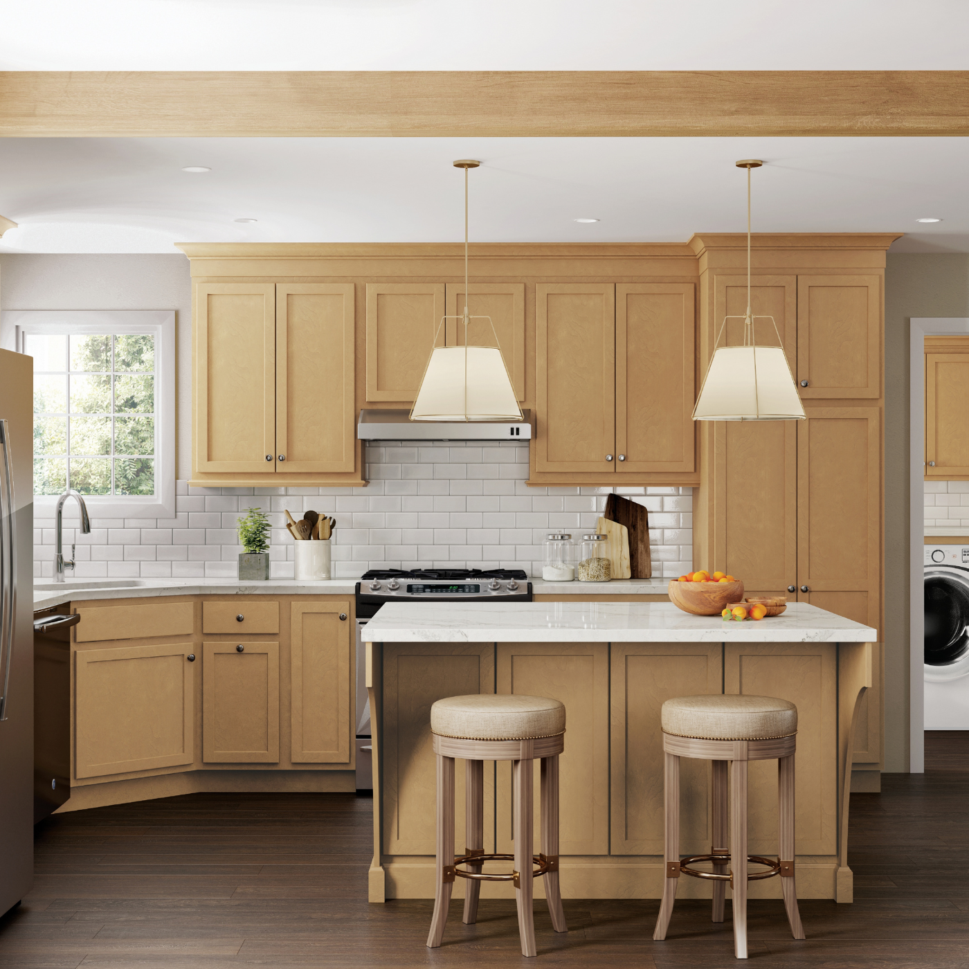 A kitchen with a large island and two stools