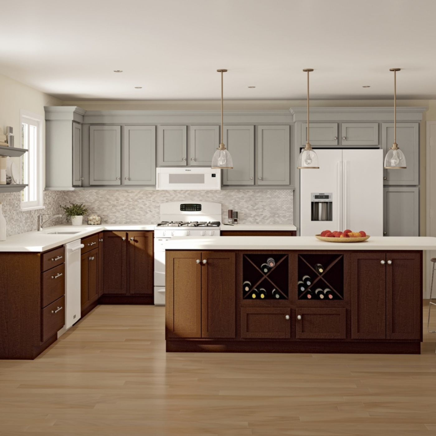 A kitchen with brown cabinets and white counter tops