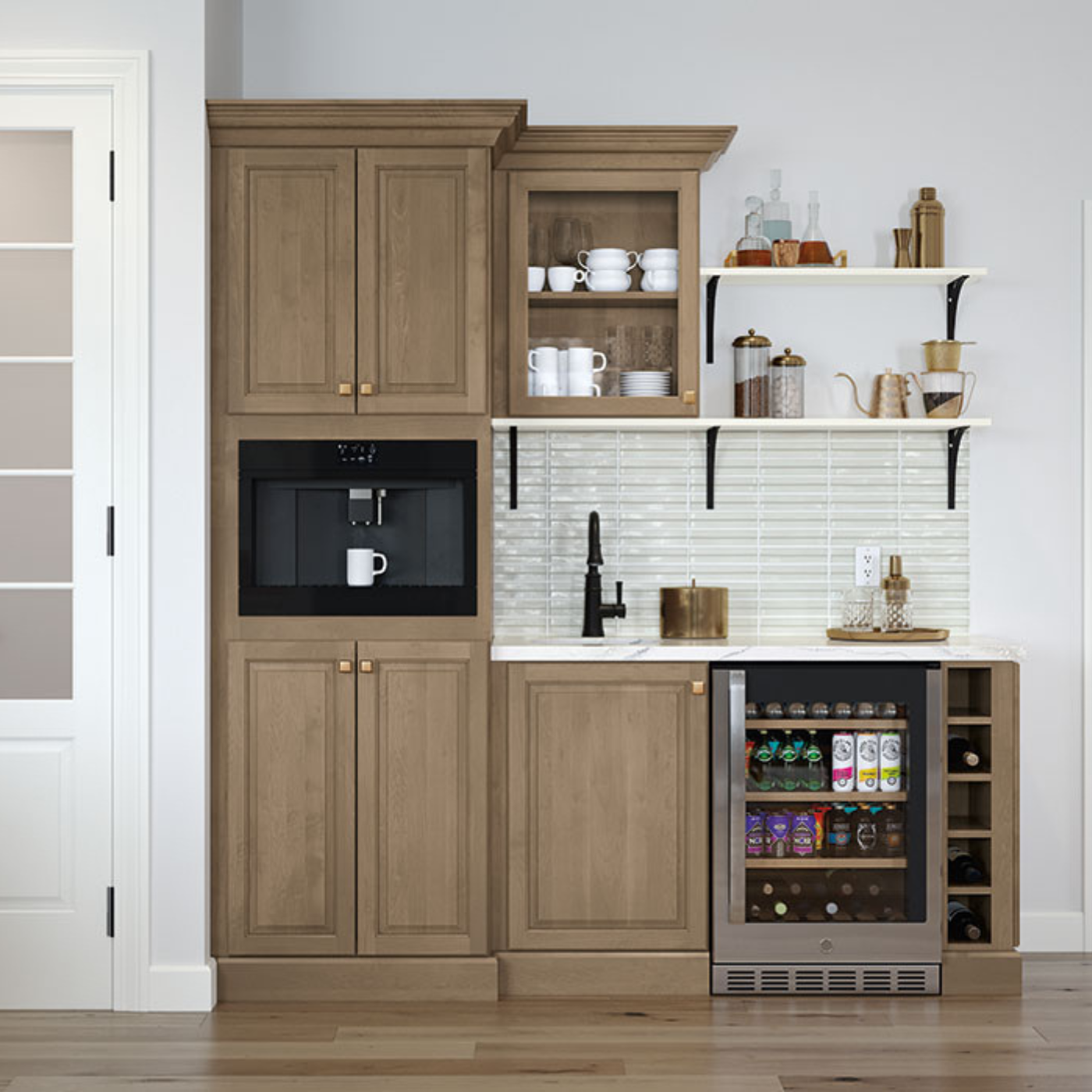 A kitchen with wooden cabinets and a wine cooler