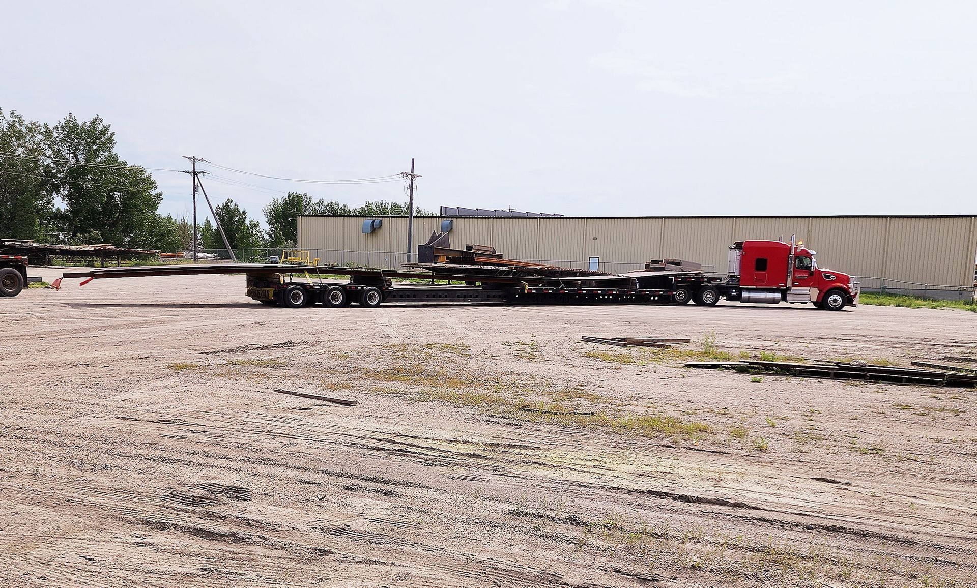 Red truck used for transporting machinery