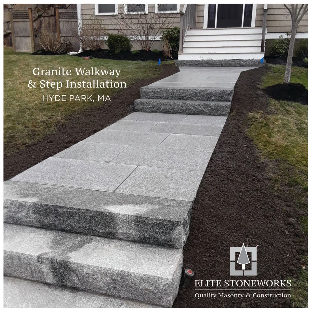 A granite walkway and step installation in hyde park ma