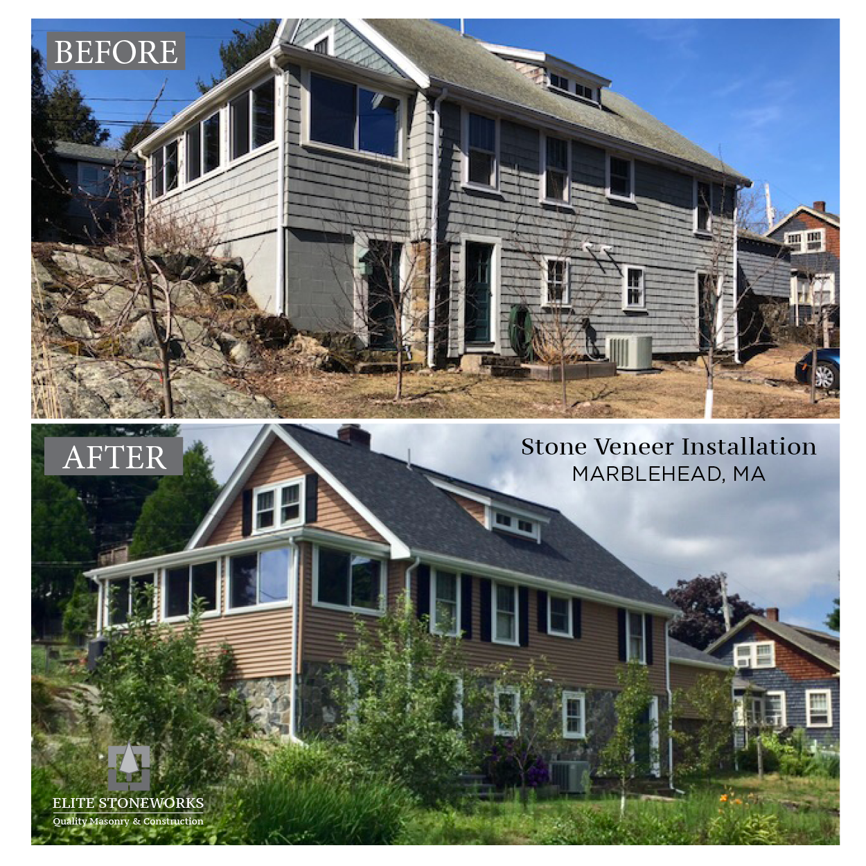 A before and after picture of a house with a stone veneer installation