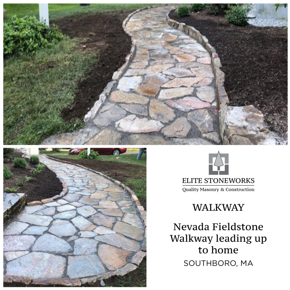 A stone walkway leading up to a house in southboro ma