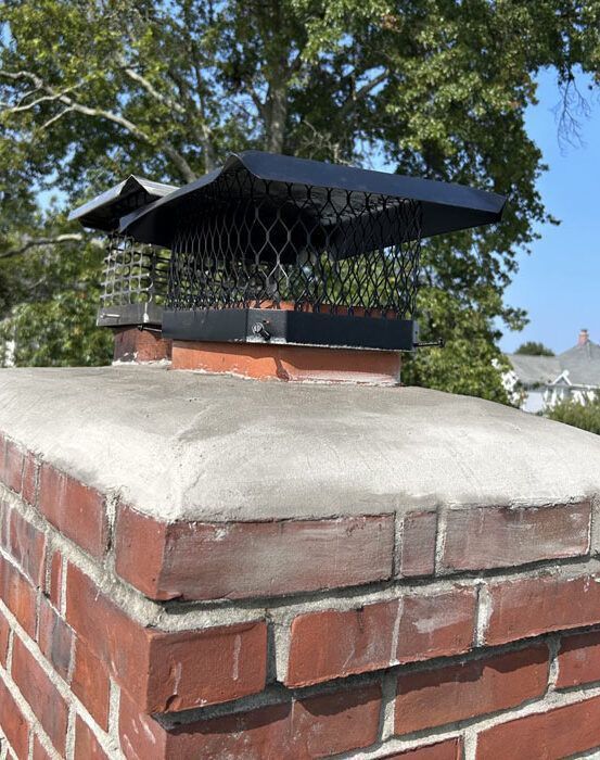 A brick chimney with a black chimney cap on top of it