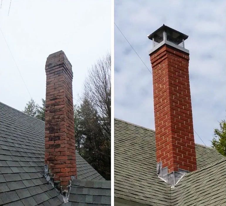 A before and after picture of a chimney on a roof