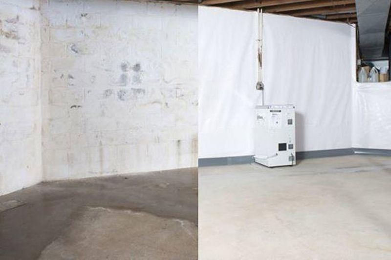 A before and after photo of waterproofing a basement