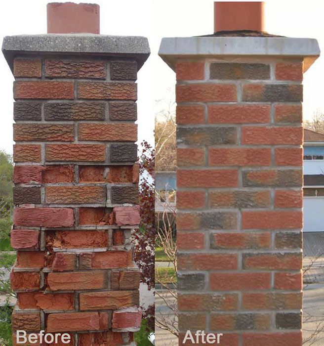 A before and after picture of a brick chimney