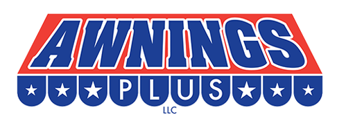 Logo for Awnings Plus LLC: blue text with white outline on a red trapezoid, over a blue scalloped valance with white stars.