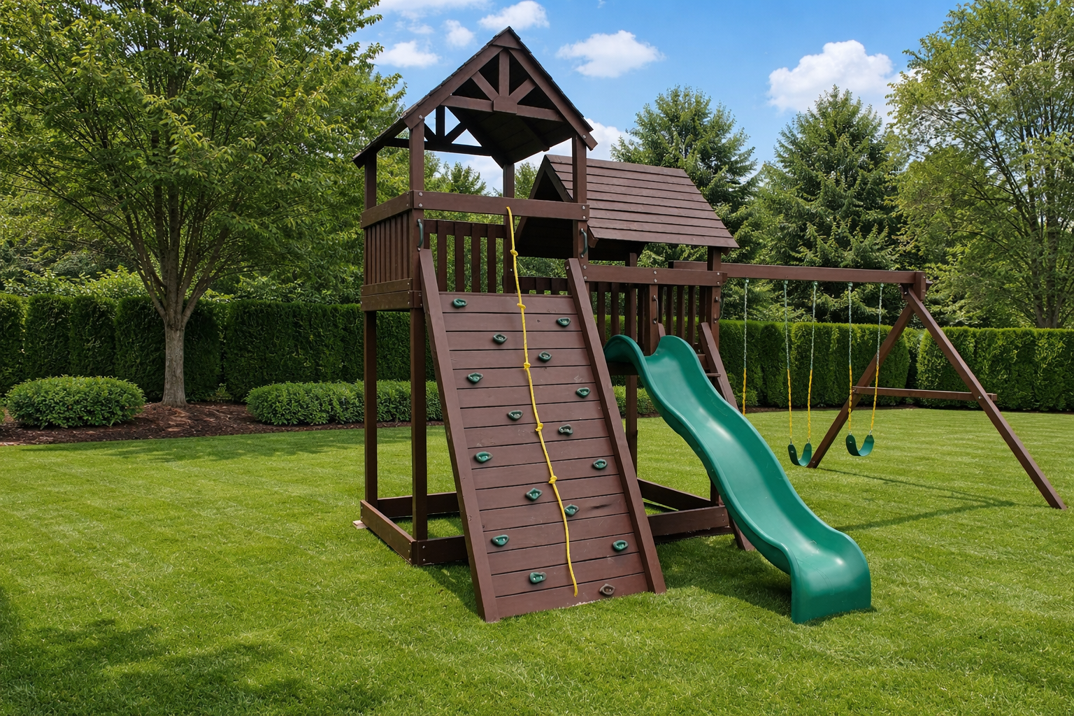 Playground with a slide, climbing wall, swings, and playhouse on a mulched surface.