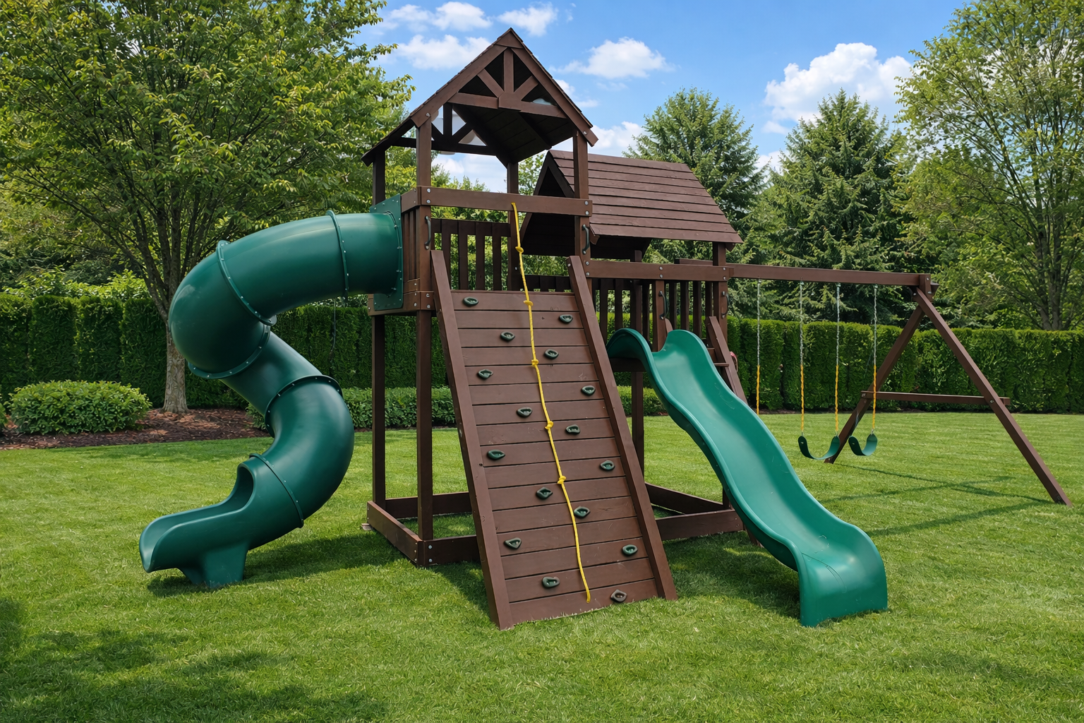 Playground set with a slide, climbing wall, swings, and playhouse in a yard.