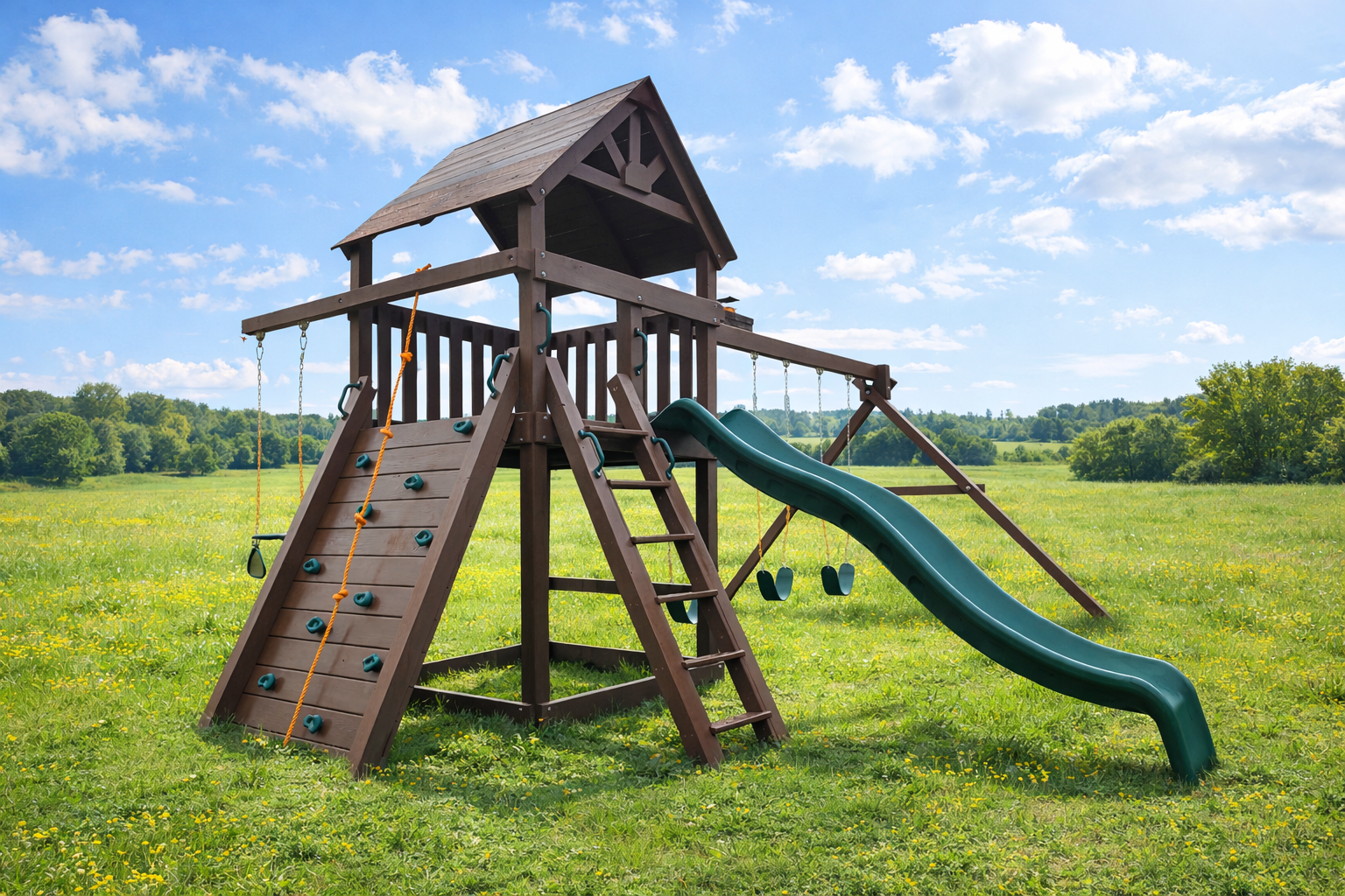 Wooden playset in backyard with a slide, climbing wall, and swings. Overcast sky.