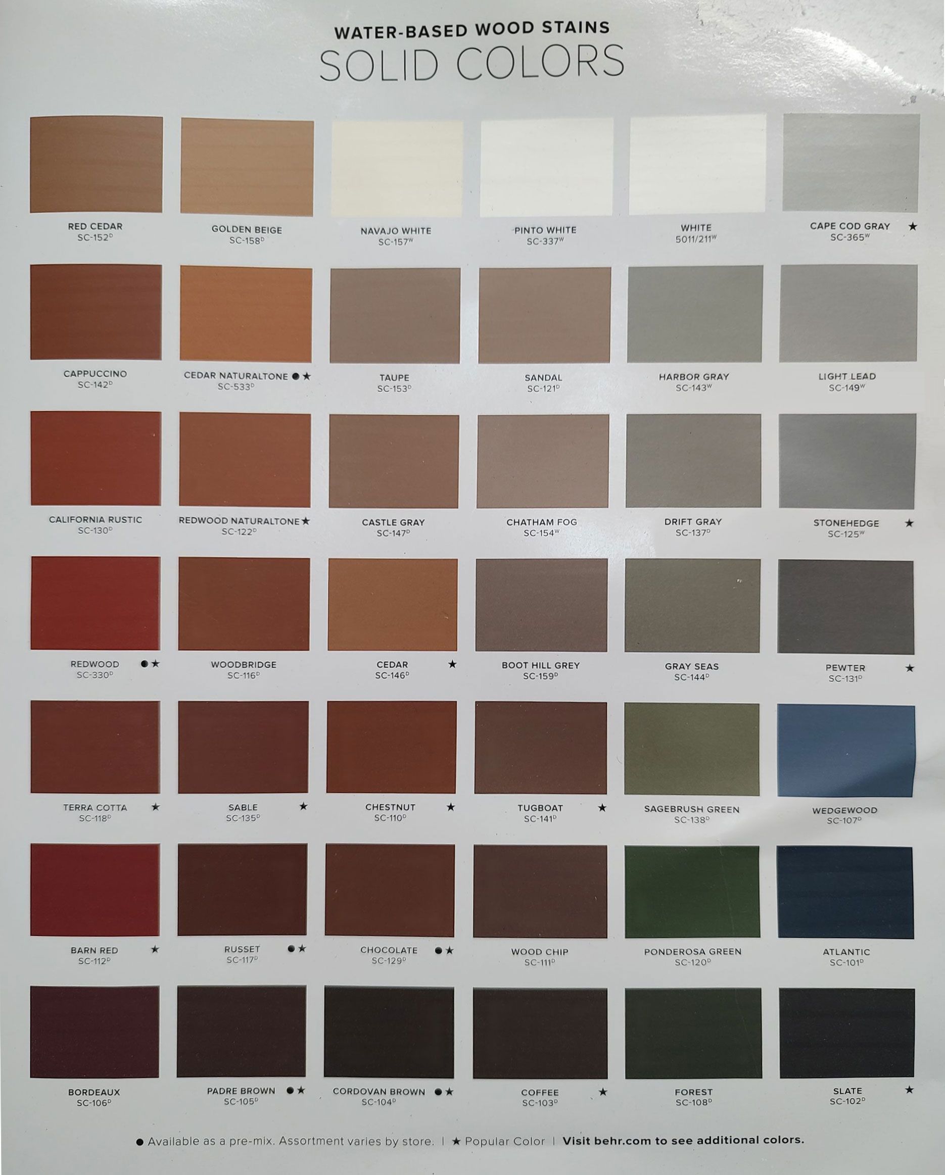Color chart displaying various solid paint colors, mostly earth tones and neutrals.