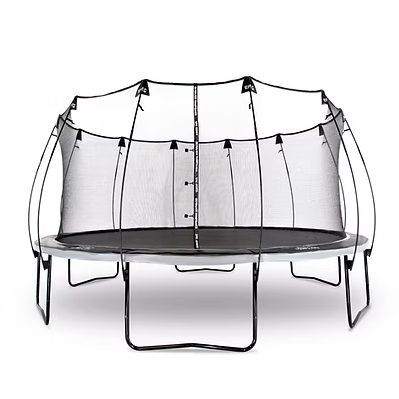 Large, round trampoline with black safety netting on a white background.