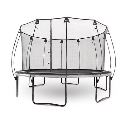 Trampoline with safety net, black frame, gray mat, and silver springs.