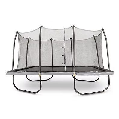 Rectangular trampoline with safety net, black mat, gray frame, and arched poles.