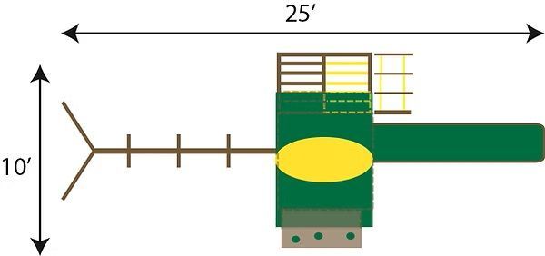 Overhead view of a green and yellow playground structure; dimensions are 25' long and 10' wide.