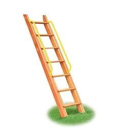 Wooden ladder with yellow safety handles, on green grass.