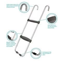 Silver trampoline ladder with black steps and hooks for easy climbing.