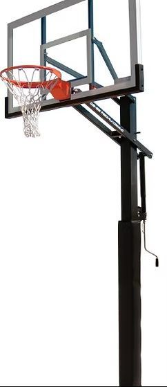 Basketball hoop with a ball in the net, mounted on a black pole.