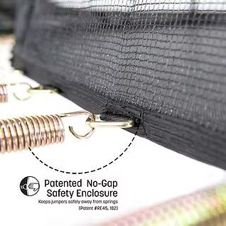 Black trampoline safety net attached to springs. Text: