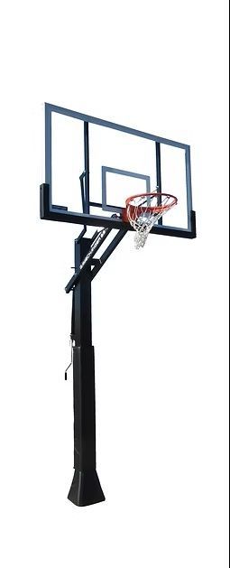 Basketball hoop with a clear backboard and a black pole.