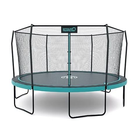 Octagonal turquoise trampoline with black safety net and legs.