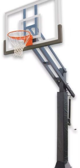 Basketball hoop with clear backboard, orange rim, and white net. Black support structure.