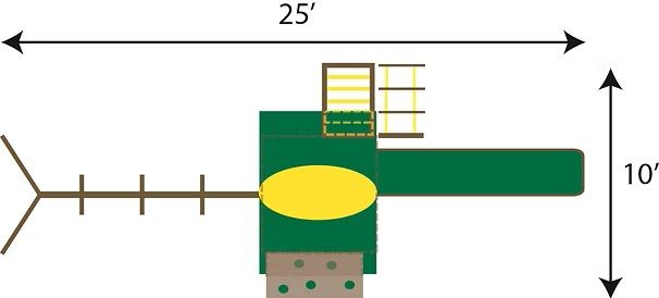 Top-down view of a playground with dimensions. Green and brown structures, yellow oval, and a ladder.