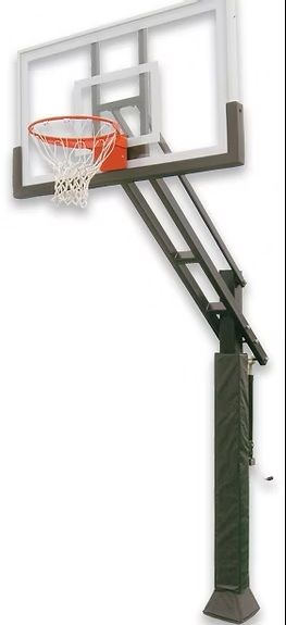 Basketball hoop with a clear backboard and protective padding on the pole.
