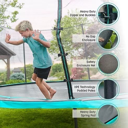 Boy on a trampoline with a safety enclosure; features include zipper, padded poles, and spring pad.