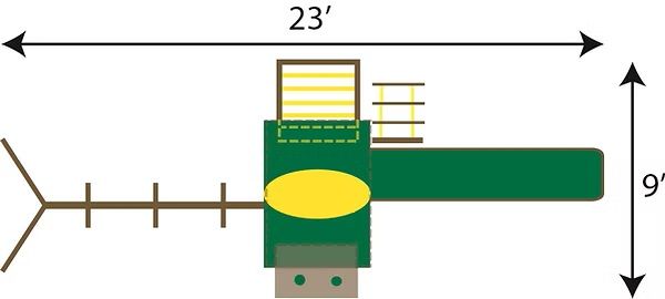 Overhead view of a green playground structure with dimensions labeled as 23 feet by 9 feet.