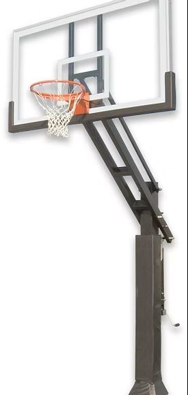 Basketball hoop with clear backboard, orange rim, and adjustable pole.