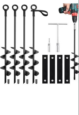 Black auger drill bits and accessories for gardening or landscaping.