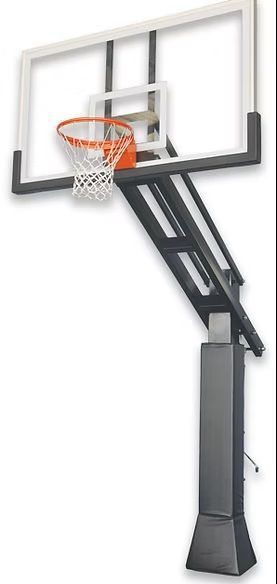Basketball hoop, black and white, angled pole, orange net.