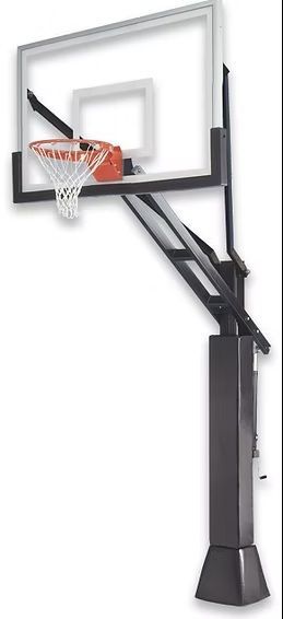 Basketball hoop with black pole and clear backboard.