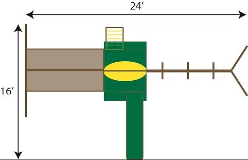 Top-down diagram of a playground structure with a slide, swings, and climbing elements, brown, green, and yellow.
