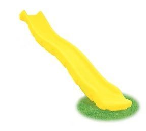 Yellow plastic playground slide on green grass.