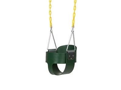 Green bucket swing with yellow chains.