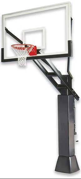 Basketball hoop with a clear backboard and a black pole.