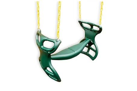 Green plastic swing set with yellow chains, against a white background.