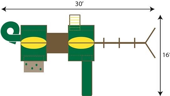 Overhead view of a green and brown playground with a slide, swings, and climbing elements. Dimensions: 30' x 16'.