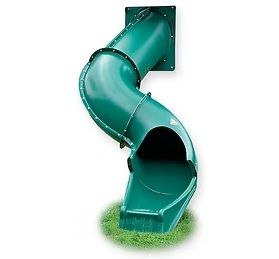 Green spiral playground slide on grass.