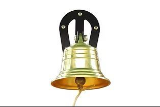 Brass bell with black bracket, hanging against a white background.